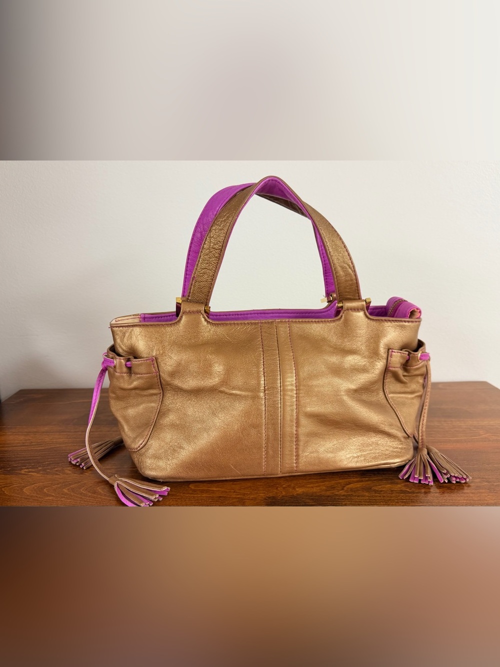 Vintage Diane Gail Metallic Bronze Leather Satchel Bag w/ Vibrant Purple Lining